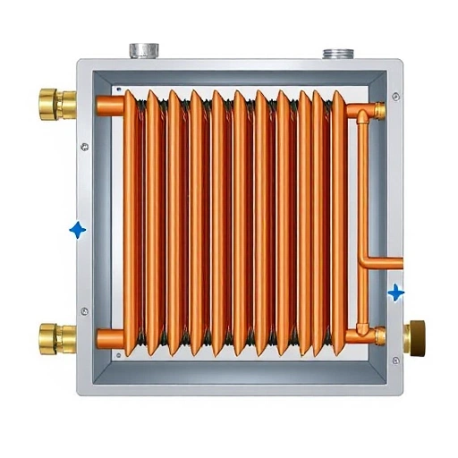 A detailed technical illustration of a gas water heater heat exchanger, showing copper tubes with fins inside a metal housing, connected to inlet and outlet pipes for water and gas flow, with arrows indicating heat transfer direction, in a clean, high-quality smallHQ style
