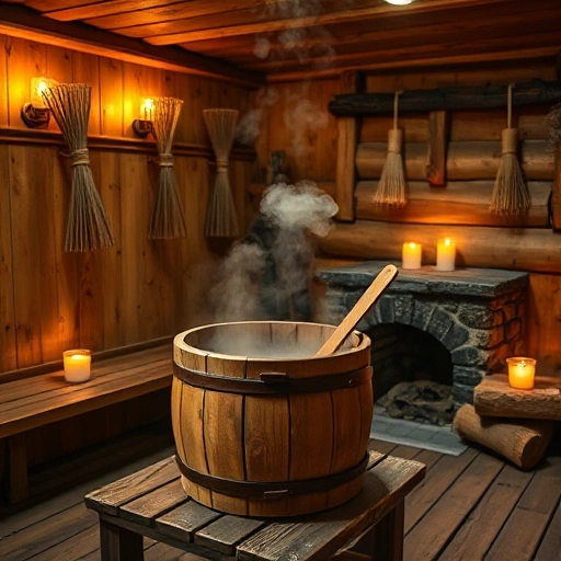 A traditional Russian banya interior with a wooden zaparnik (steam bucket) placed on a bench near a stone stove, steam rising gently, birch whisks hanging on the wall, warm ambient lighting from candles, natural wood textures, no people visible