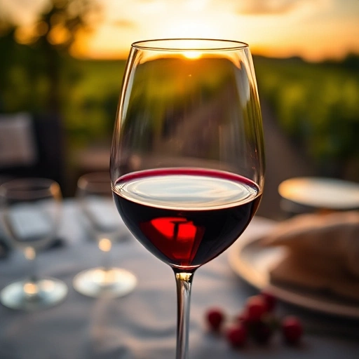 A close-up of a wine glass filled with deep red wine, soft natural lighting, elegant table setting with a blurred background of a vineyard at sunset, high detail, realistic textures, smallHQ style