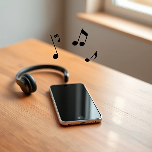 A smartphone on a wooden table with musical notes floating above it, a pair of headphones nearby, soft natural lighting, modern minimalist style