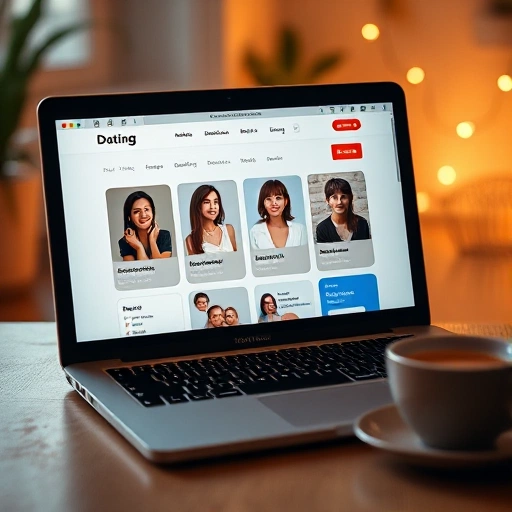 A modern dating website interface on a laptop screen, showing profile cards with photos, names, and short bios, soft glowing UI elements, warm color palette, minimalistic design, subtle animations implied, cozy indoor setting with a coffee cup and soft ambient lighting in the background