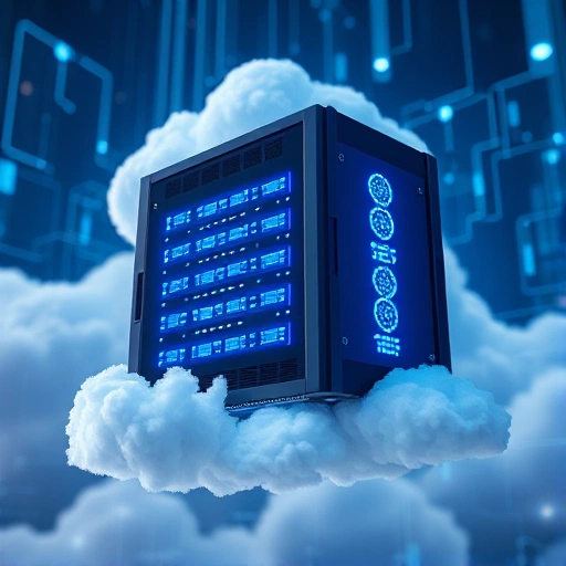 A modern virtual server rack with glowing blue LED indicators, floating in a digital cloud environment, surrounded by abstract data streams and network connections, symbolizing cloud computing and virtualization technology