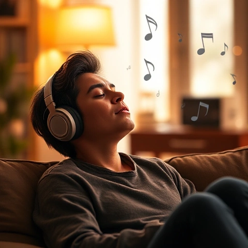 A person wearing headphones, sitting comfortably and listening to music with eyes closed, surrounded by soft musical notes floating in the air, warm ambient lighting, cozy indoor setting, realistic but gentle aesthetic