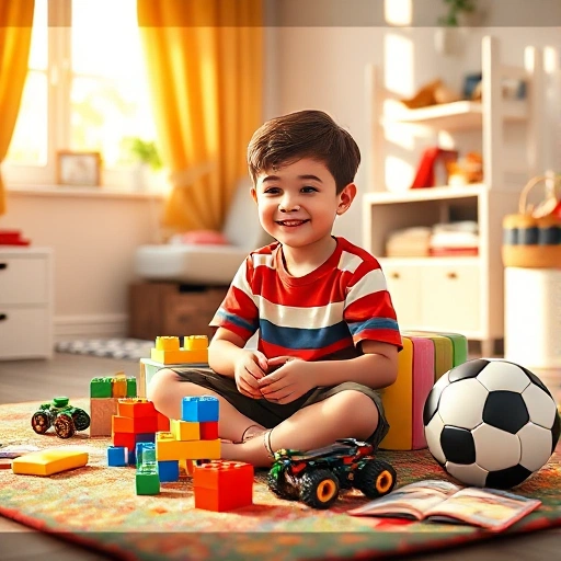 A cheerful young boy around 8 years old, sitting on a colorful rug in a bright, cozy bedroom, surrounded by various toys like building blocks, a remote-controlled car, a soccer ball, and a book, smiling and looking thoughtfully at the gifts, warm natural light from a window, soft shadows, high detail, realistic style