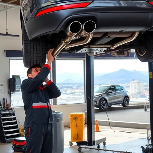 A modern car muffler being installed in a professional auto service workshop in Krasnodar, Russia, with visible tools, a mechanic in work uniform tightening bolts on the exhaust system, a car lifted on a hydraulic lift, background showing typical Krasnodar urban elements like distant Caucasus mountains and local architecture, daylight through workshop windows, clean and realistic style