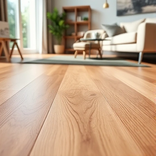 A close-up view of a high-quality laminate flooring plank with realistic wood texture, showing natural grain patterns, subtle knots, and a matte finish, installed in a modern living room with soft natural light from a nearby window, minimal furniture visible in the background, emphasizing the durability and aesthetic appeal of the flooring material