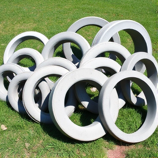 A set of concrete well rings of different sizes and types arranged side by side on a grassy surface, showing variations in diameter, height, and surface texture — some smooth, some ribbed, some with lifting lugs — under clear daylight, realistic photography style, no text or labels