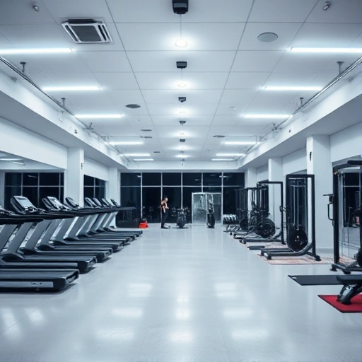A modern gym interior with bright LED ceiling lights illuminating workout equipment such as treadmills, weight racks, and yoga mats, clean white walls, polished rubber flooring, and a spacious, energetic atmosphere, no people visible, focus on lighting and space