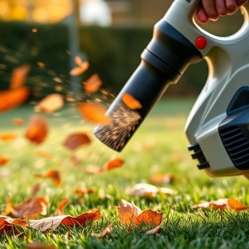 A close-up of a handheld leaf blower in operation, showing airflow blowing autumn leaves on a grassy lawn, realistic lighting, shallow depth of field, detailed texture of plastic and metal parts, no people, no text, no signs, no watermarks