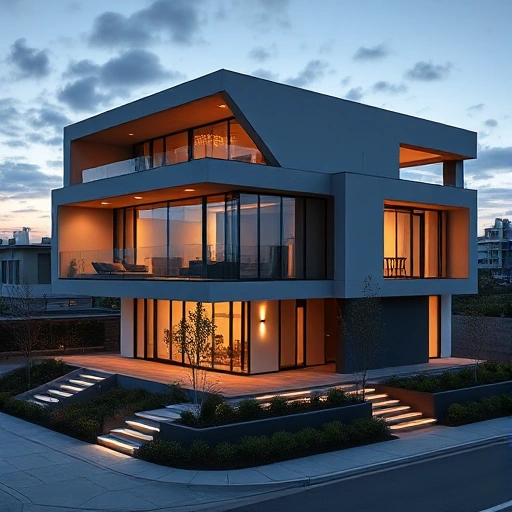 A modern high-tech style house with sleek geometric forms, glass facades, steel and concrete materials, integrated smart lighting, minimalist landscaping, and a futuristic aesthetic, set in an urban environment at dusk with soft ambient glow