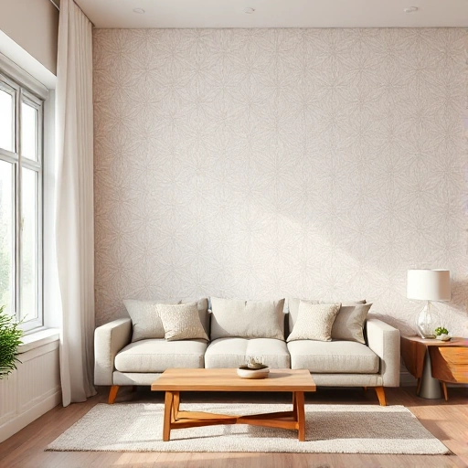 A modern living room with elegant wallpaper featuring a subtle geometric pattern in soft neutral tones, a cozy sofa, a wooden coffee table, and natural light coming through a window, interior design style, high detail, photorealistic