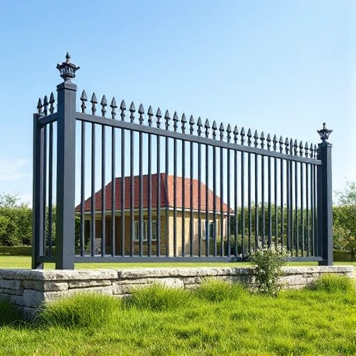 A high-quality, detailed illustration of a modern metal fence for a summer cottage (dacha), made of vertical steel bars with decorative tops, painted in dark gray or black, standing on a stone foundation, surrounded by green grass and a few flowering shrubs under a clear sky, realistic lighting, no text or signs