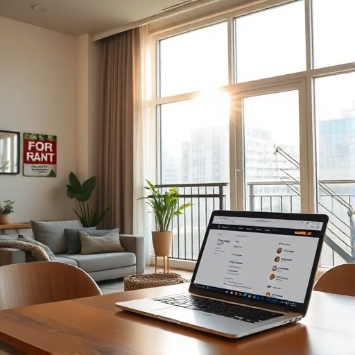 A modern apartment interior with a 'For Rent' sign on the balcony, sunlight streaming through large windows, a cozy living room with a sofa and coffee table, a small potted plant on the windowsill, and a laptop on the table showing a rental listing website with euros symbols subtly visible — conveying the idea of profitable apartment rental without any text or numbers in the image