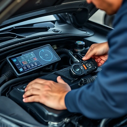 A close-up of a car engine being inspected by a mechanic using diagnostic tools, with digital readouts showing engine performance data, soft natural lighting, detailed mechanical components visible, realistic and professional atmosphere