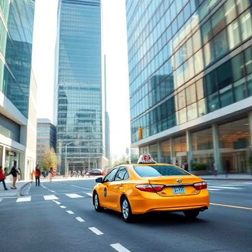 A modern city street with a sleek yellow taxi cab driving smoothly past glass office buildings and pedestrians, bright daylight, clear sky, urban convenience and efficiency emphasized, no text or signage visible