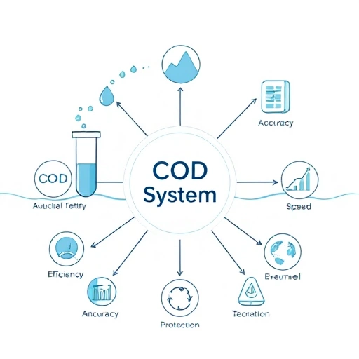 A modern, clean illustration of a cod system (COD: Chemical Oxygen Demand) showing its advantages in water quality monitoring, with abstract representations of water droplets, test tubes, and digital data graphs flowing into a central hub labeled 'COD System', surrounded by icons of efficiency, accuracy, speed, and environmental protection — all in a minimalist, high-detail style suitable for technical documentation