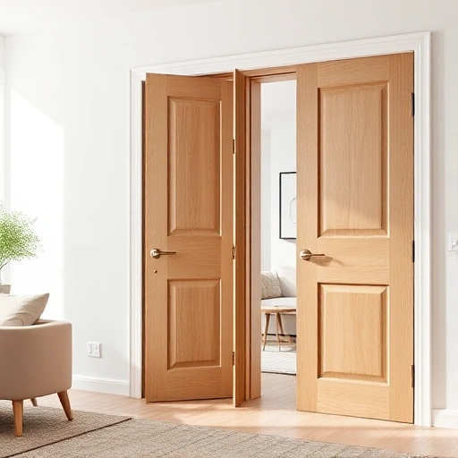 A set of modern interior doors from the Uberture brand, displayed in a bright, minimalist living space with natural light, showcasing clean lines, smooth matte finish, and subtle wood grain texture; doors are slightly ajar to reveal a glimpse of adjacent rooms, emphasizing functionality and elegant design