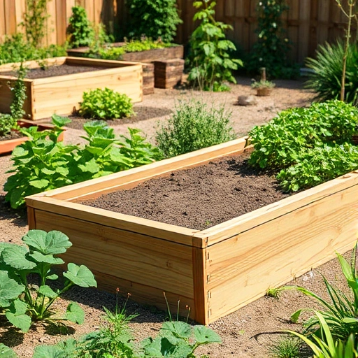 A garden board made of wood-plastic composite (DPC) for raised garden beds, placed in a sunny backyard garden with green vegetables growing nearby, natural daylight, realistic textures, no text or labels