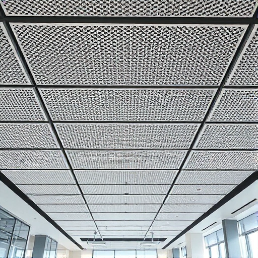 A modern ceiling with a stylish metal grid system (Grillato) in a bright office or commercial space, showing clean lines, geometric patterns, and soft ambient lighting highlighting the texture and structure of the ceiling tiles