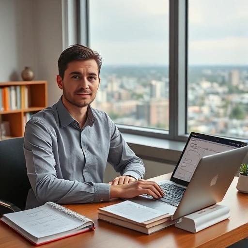 A professional EGE tutor in Pyatigorsk sitting at a desk with textbooks, a laptop showing math problems, and a calm, focused expression, wearing a button-down shirt, with a cityscape of Pyatigorsk visible through the window in the background, soft natural lighting, realistic style
