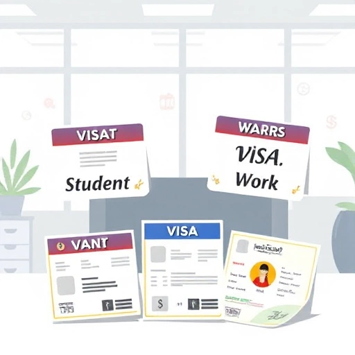 A professional illustration showing various types of visas (tourist, student, work, business) with bank documents like bank statements or financial certificates placed beside them, symbolizing which visas require bank statements, set in a clean, modern office environment with subtle financial icons in the background, no text or numbers visible
