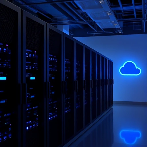 A modern data center with sleek server racks, glowing blue indicator lights, and a subtle Google Cloud logo projected on a wall in the background, representing cloud computing infrastructure, minimalist and high-tech aesthetic
