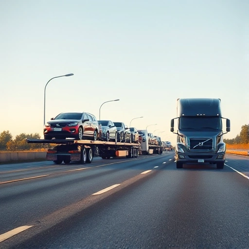 A car carrier truck transporting multiple vehicles on a highway during daytime, with clear sky and asphalt road, realistic perspective, detailed trucks and cars, no people visible, focus on the transport operation