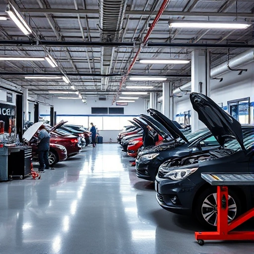 A modern, clean auto service garage with professional mechanics working on cars, bright lighting, organized tools, and a friendly atmosphere, showing quality service at an affordable price