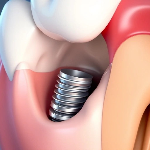 A close-up of a dental implant procedure showing a titanium screw being placed into the jawbone with visible gum tissue and bone structure, realistic medical illustration style, soft lighting, high detail, no text or labels