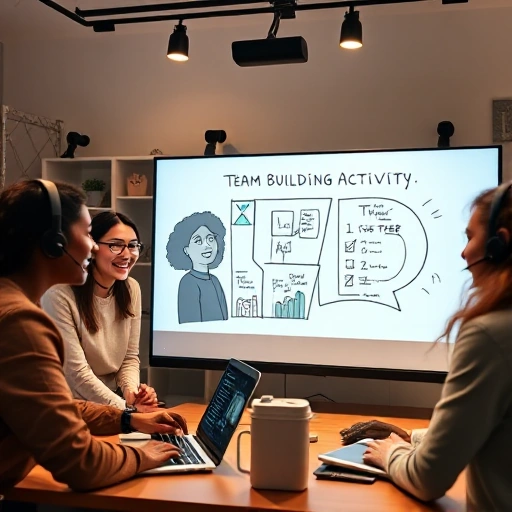 A diverse group of people participating in a virtual team-building activity via video call, laughing and collaborating on a shared digital whiteboard, with laptops, headsets, and home office backgrounds, warm lighting, modern and inclusive atmosphere