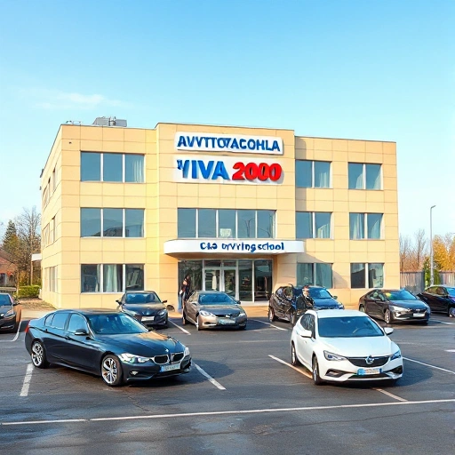 A modern driving school building with a sign reading 'Автошкола «Нива 2000»', cars parked in front, students practicing driving maneuvers on a clean asphalt lot, professional instructors in uniforms, clear daytime sky, realistic style, high detail
