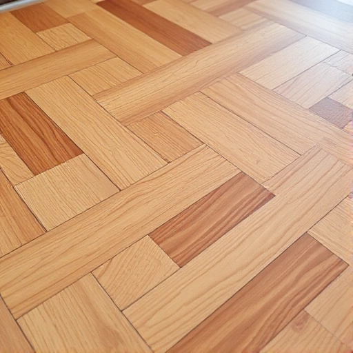 A close-up of parquet flooring with warm wooden planks arranged in a herringbone pattern, showing natural wood grain, subtle texture, and soft ambient lighting highlighting the surface details