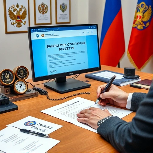 A professional office scene showing a Russian engineer or safety specialist filling out a registration form for an ОПО (Опасный Производственный Объект) on a desk, with a laptop displaying the Rostekhnadzor website, official government seals, documents with Cyrillic text, and a Russian flag in the background, all in a clean, realistic, high-detail style