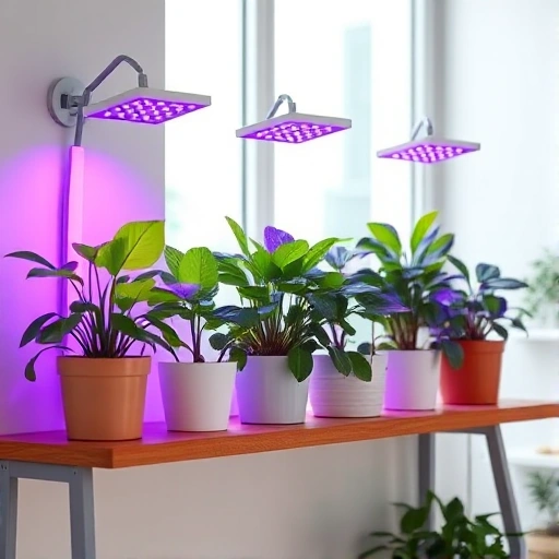 A modern indoor setting with several healthy houseplants placed on a wooden shelf, each illuminated by sleek, minimalist phytolights emitting a soft purple-blue glow. The lights are compact, wall-mounted or clip-on LED grow lights designed for home use. The background shows a bright room with natural daylight from a window, emphasizing the contrast between ambient light and the focused phytolight illumination. No text, labels, or visible brand names appear in the image.