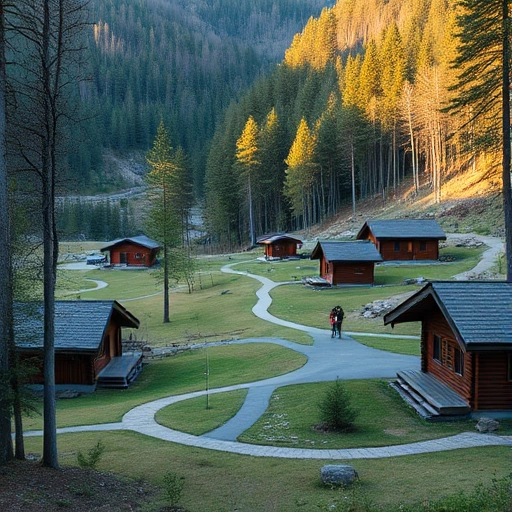 A peaceful rehabilitation center nestled in a forested valley near the Katun River in Siberia, with wooden cabins, walking paths, and natural surroundings, soft morning light, no people visible, serene atmosphere
