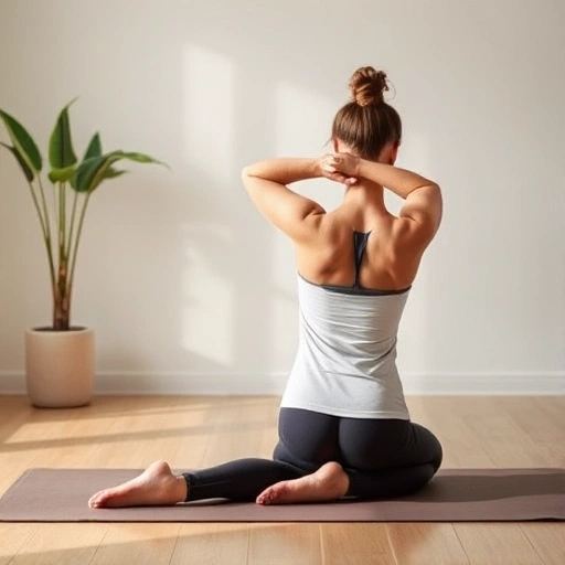 A person performing gentle therapeutic exercises for back pain relief on a yoga mat in a calm indoor setting, showing proper posture and slow movements, soft natural lighting, no text or symbols