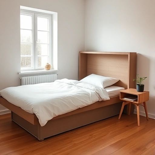 A cozy bedroom with a modern foldable bed neatly folded against the wall, soft natural light from a window, minimalist Scandinavian interior, warm wooden floor, a small potted plant on a nightstand, and a neatly made bedsheet visible when partially unfolded — no people, no text, no logos, no clutter