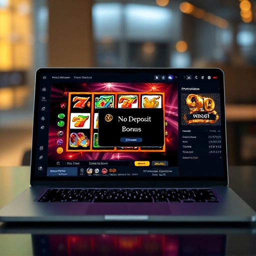A modern online casino interface on a laptop screen showing a vibrant slot machine game with colorful reels, bonus symbols like free spins and coins, and a visible pop-up notification saying 'No Deposit Bonus' in elegant, clean typography, set on a sleek dark-themed dashboard with subtle glowing accents, soft ambient lighting, and a hint of luxury — no text overlays, no watermarks, no logos, no visible currency symbols or numbers, purely visual representation of the concept
