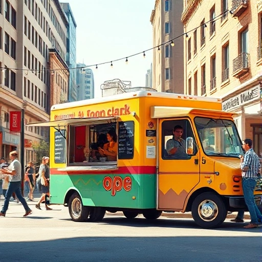 A colorful food truck parked on a sunny city street, serving customers from a side window, with a chalkboard menu, string lights overhead, and a small awning. The truck has a playful design with wheels visible, surrounded by urban buildings and a few pedestrians in casual clothing. Warm daylight, vibrant but realistic colors, no text or logos on the truck.