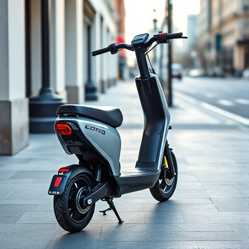 An electric scooter with modern design, sleek lines, and visible battery pack, parked on a clean urban sidewalk with soft daylight, showing details like LED lights, digital display, and rubber tires, no people, no text, no logos, no background clutter
