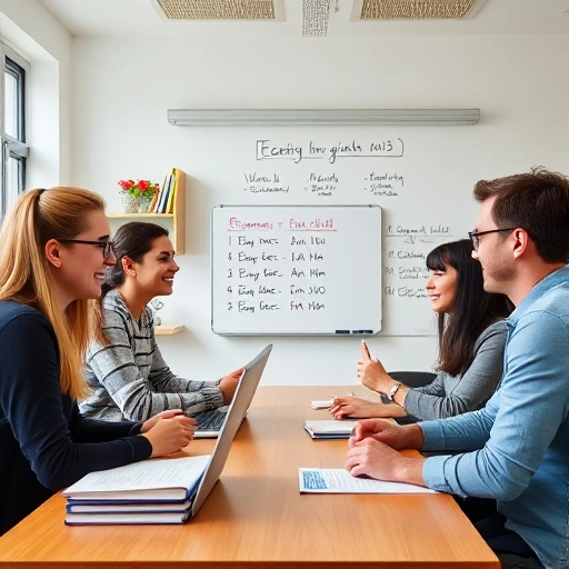 A diverse group of people of different ages and ethnicities studying English together in a bright, modern classroom with books, laptops, and a whiteboard showing grammar rules, smiling and engaged in conversation