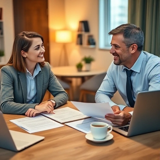 A professional and friendly scene of a tenant and landlord sitting at a table discussing rental terms, with documents, a laptop, and a cup of coffee visible, warm indoor lighting, modern apartment interior in the background, no text or symbols in the image
