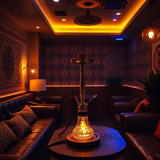 A cozy modern hookah lounge interior with warm ambient lighting, comfortable seating, decorative Middle Eastern patterns on walls, a wooden table with a hookah pipe and glowing charcoal, soft shadows, inviting atmosphere, no people visible
