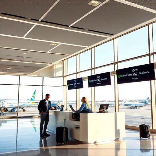 A modern rental car counter at Palma de Mallorca Airport with a sleek desk, a rental agent assisting a traveler, suitcases nearby, clear signage in Spanish and English showing car rental logos, bright natural light from large windows overlooking the tarmac and distant aircraft, realistic style, high detail, no text on signs or screens