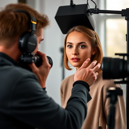 A professional portrait photographer at work in a modern studio, adjusting lighting equipment while focusing on capturing a subject's expressive face, shallow depth of field, soft natural lighting, high detail, realistic style