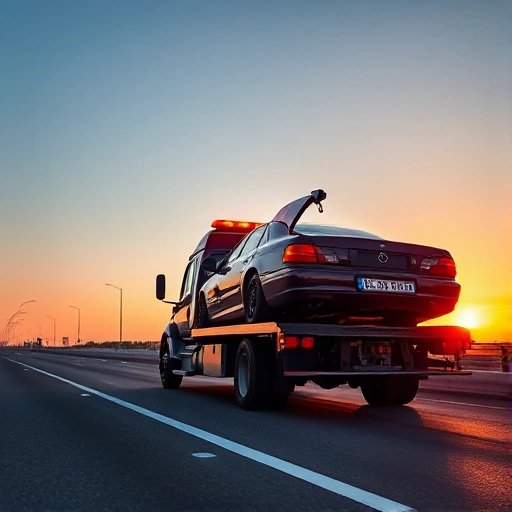A professional tow truck assisting a stranded car on a highway at sunset, with clear road, modern tow truck with flashing lights, damaged sedan being lifted, realistic details, no text or signs, clean composition