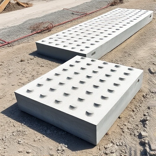 A set of reinforced concrete road slabs laid on a prepared base, showing their modular design for temporary and permanent road construction, with visible rebar texture and concrete surface, in a realistic outdoor setting under daylight