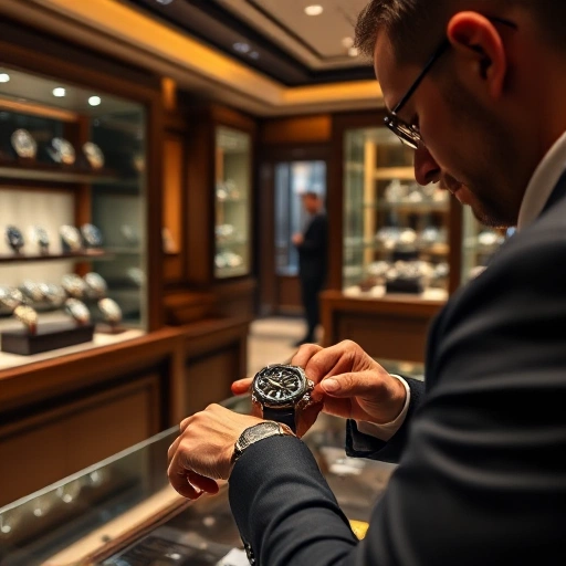 A person selecting a watch in a jewelry store, surrounded by elegant display cases with various luxury watches, soft ambient lighting, polished wood and glass interiors, a sales consultant assisting, focus on the watch being tried on the wrist, high detail, realistic style