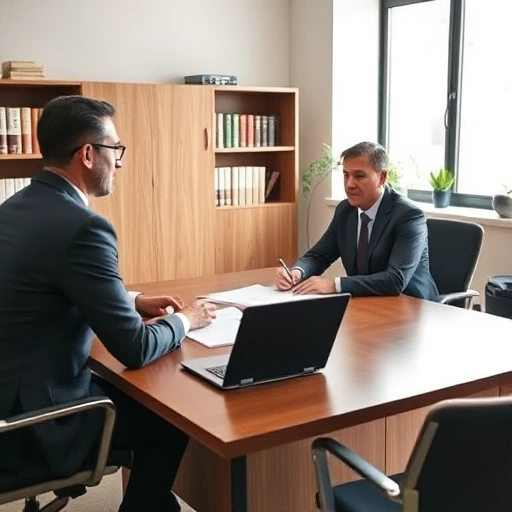 A professional legal consultation scene: a lawyer in a suit sitting across from a client at a wooden desk in a modern law office, with bookshelves in the background, a laptop and legal documents on the desk, soft natural lighting from a window, calm and trustworthy atmosphere, no text or symbols visible