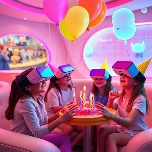 A joyful children's birthday party inside a virtual reality club, featuring colorful VR headsets on small heads, kids laughing and interacting with floating holographic balloons and cartoonish digital animals, soft ambient lighting with pastel neon glows, futuristic yet playful interior design with rounded shapes and safe, padded surfaces, no visible cables or real-world distractions, focus on immersive fun and wonder